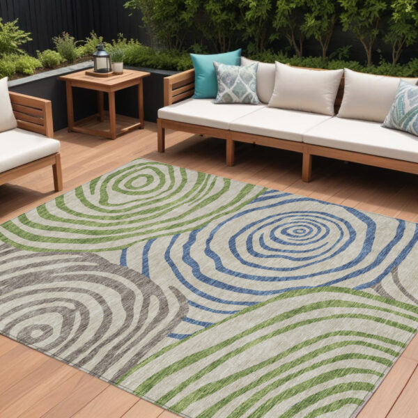 8' X 10' Beige Taupe And Green Abstract Washable Indoor Outdoor Area Rug