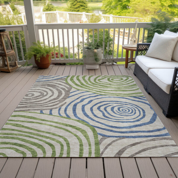 8' X 10' Beige Taupe And Green Abstract Washable Indoor Outdoor Area Rug