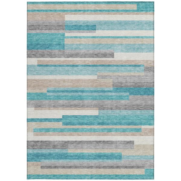 3' X 5' Teal Blue Gray And Beige Striped Washable Indoor Outdoor Area Rug
