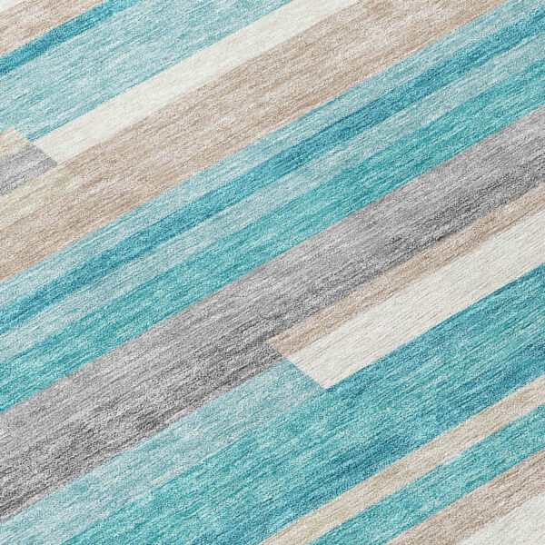 3' X 5' Teal Blue Gray And Beige Striped Washable Indoor Outdoor Area Rug