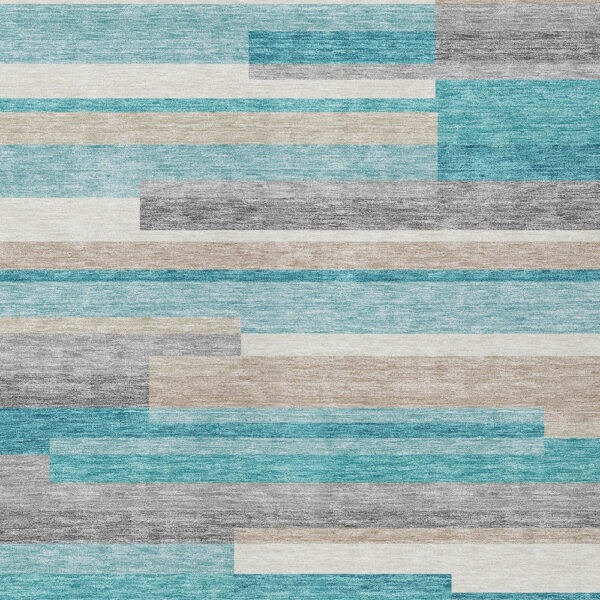 3' X 5' Teal Blue Gray And Beige Striped Washable Indoor Outdoor Area Rug