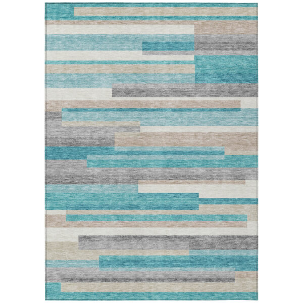 3' X 5' Teal Blue Gray And Beige Striped Washable Indoor Outdoor Area Rug