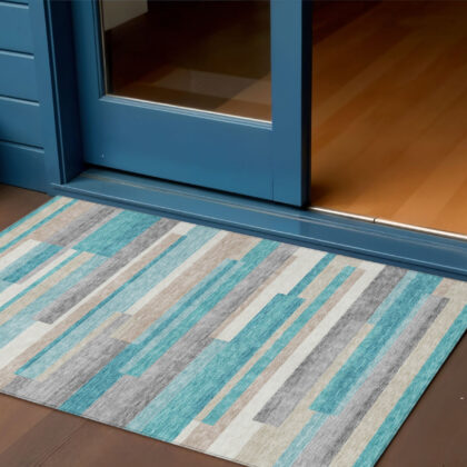 3' X 5' Teal Blue Gray And Beige Striped Washable Indoor Outdoor Area Rug