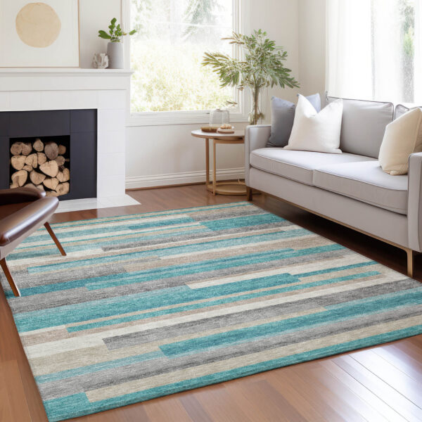 3' X 5' Teal Blue Gray And Beige Striped Washable Indoor Outdoor Area Rug