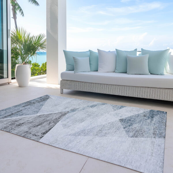 8' X 10' Sky Blue Gray And Charcoal Abstract Washable Indoor Outdoor Area Rug