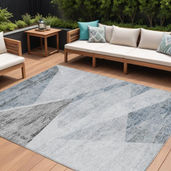 8' X 10' Sky Blue Gray And Charcoal Abstract Washable Indoor Outdoor Area Rug