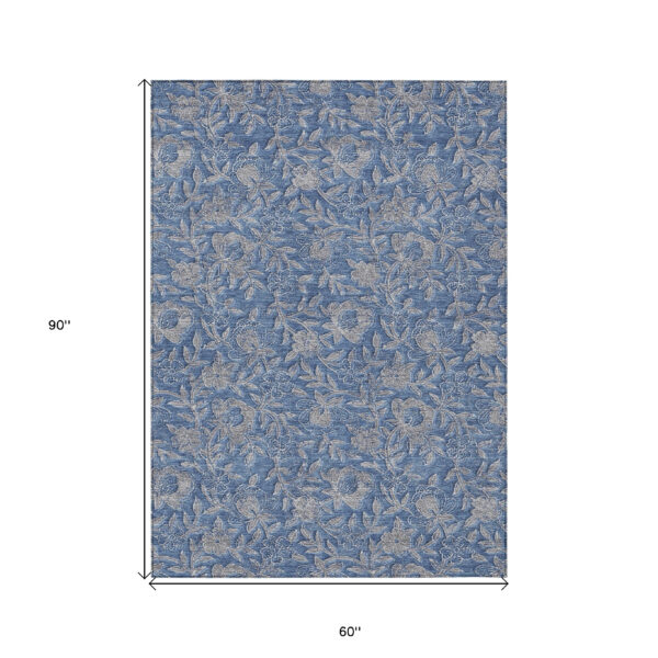 5' X 8' Denim Blue And Taupe Floral Washable Indoor Outdoor Area Rug