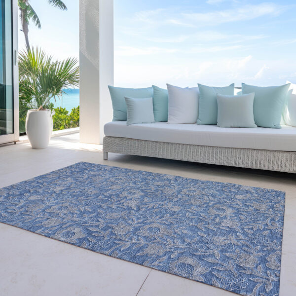 5' X 8' Denim Blue And Taupe Floral Washable Indoor Outdoor Area Rug