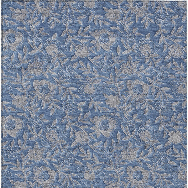 5' X 8' Denim Blue And Taupe Floral Washable Indoor Outdoor Area Rug
