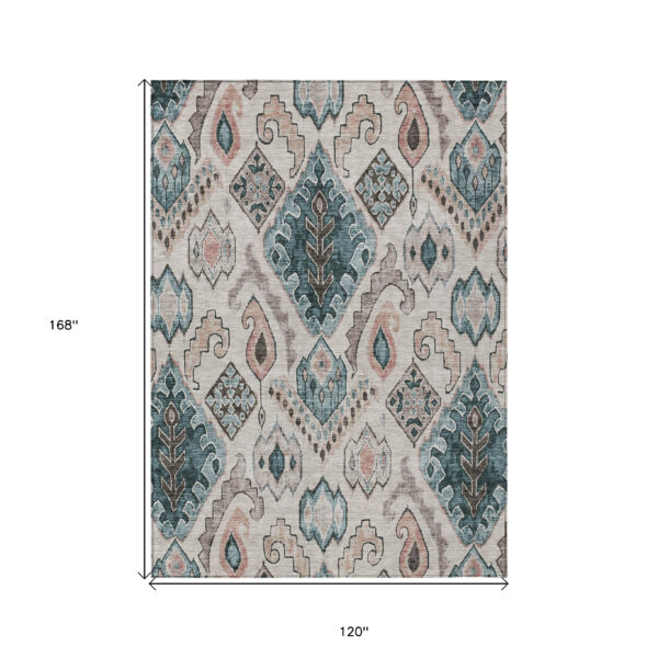 10' X 14' Beige Teal Blue And Copper Moroccan Washable Indoor Outdoor Area Rug