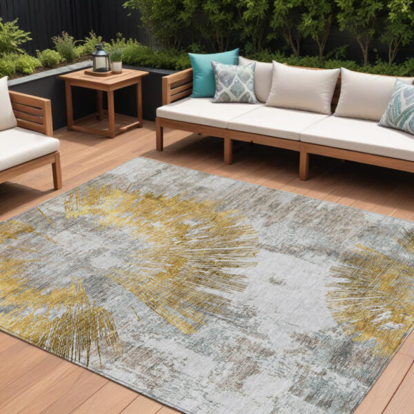 10' X 14' Gold Beige And Ivory Abstract Washable Indoor Outdoor Area Rug