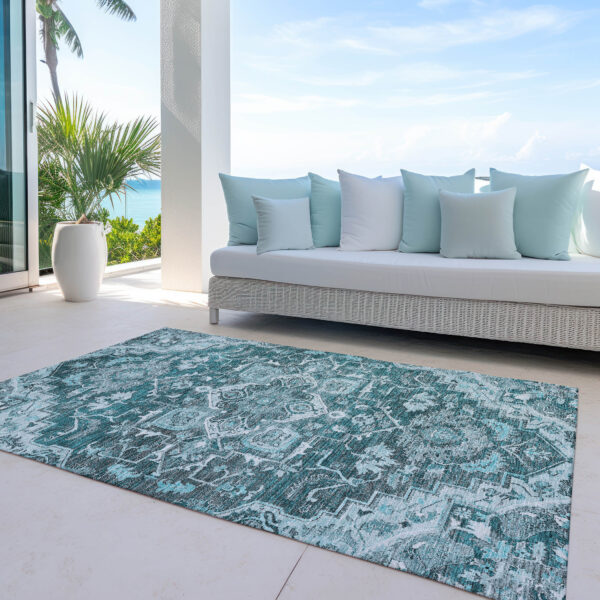 8' X 10' Teal Blue Gray And Charcoal Oriental Washable Indoor Outdoor Area Rug