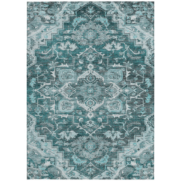 8' X 10' Teal Blue Gray And Charcoal Oriental Washable Indoor Outdoor Area Rug