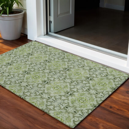 3' X 5' Artichoke Green And Fern Green Medallion Washable Indoor Outdoor Area Rug