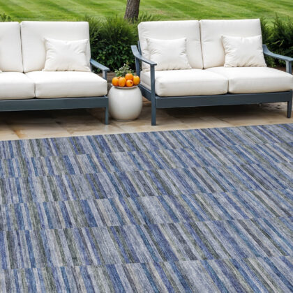 9' X 12' Navy Blue And Denim Blue Striped Washable Indoor Outdoor Area Rug