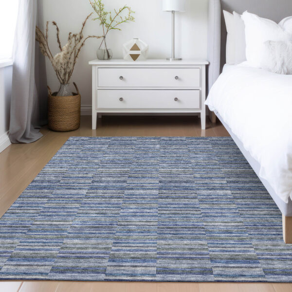 9' X 12' Navy Blue And Denim Blue Striped Washable Indoor Outdoor Area Rug
