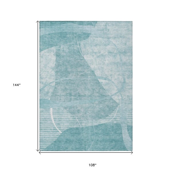 9' X 12' Turquoise Teal Blue And Ivory Abstract Washable Indoor Outdoor Area Rug