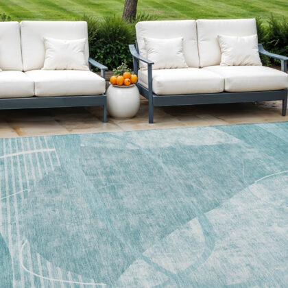 9' X 12' Turquoise Teal Blue And Ivory Abstract Washable Indoor Outdoor Area Rug