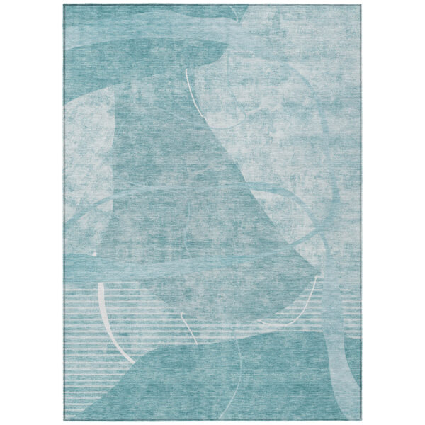 9' X 12' Turquoise Teal Blue And Ivory Abstract Washable Indoor Outdoor Area Rug