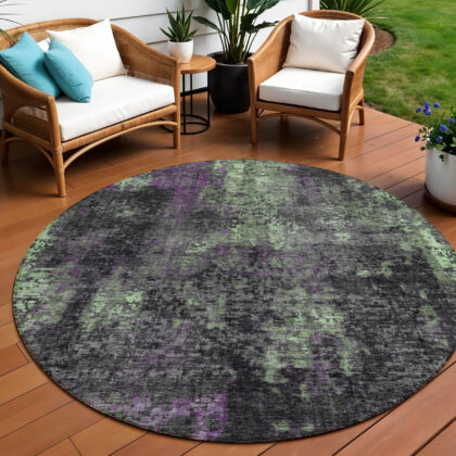 8' Gray Purple And Charcoal Round Abstract Washable Indoor Outdoor Area Rug