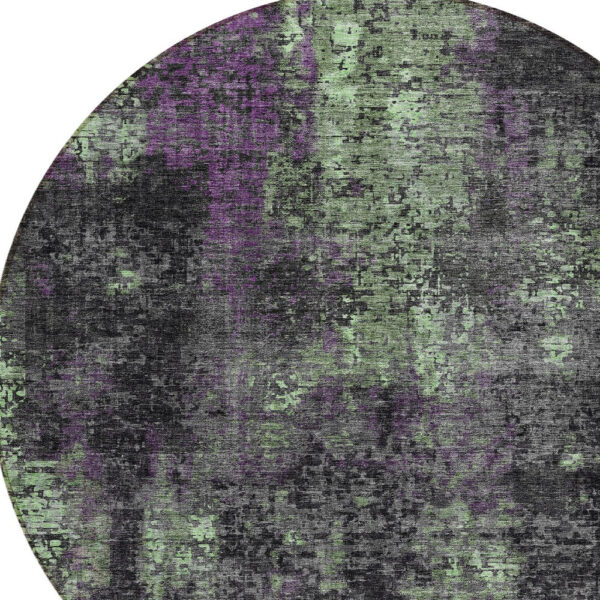 8' Gray Purple And Charcoal Round Abstract Washable Indoor Outdoor Area Rug