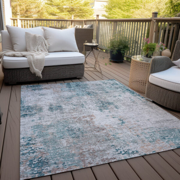 3' X 5' Teal Blue Beige And Copper Abstract Washable Indoor Outdoor Area Rug