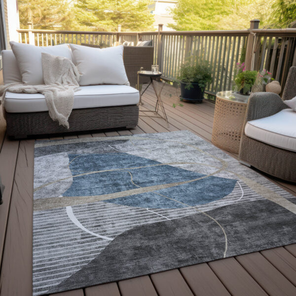 10' X 14' Blue Gray And Charcoal Abstract Washable Indoor Outdoor Area Rug