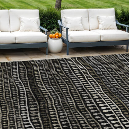 9' X 12' Taupe Charcoal And Gray Striped Washable Indoor Outdoor Area Rug