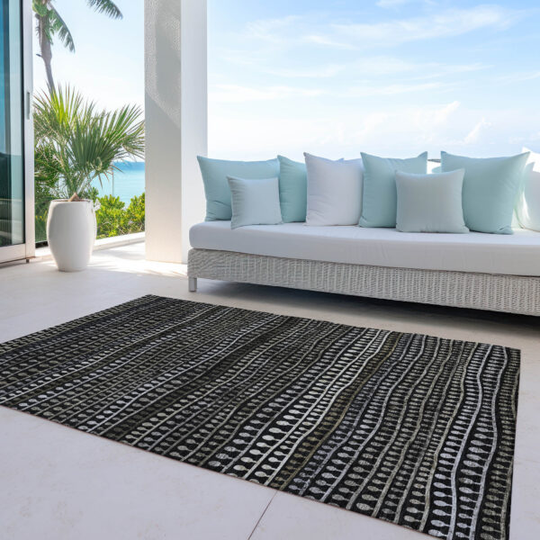 9' X 12' Taupe Charcoal And Gray Striped Washable Indoor Outdoor Area Rug