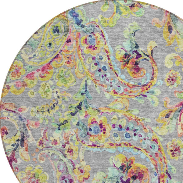 8' Gray Fern Green And Artichoke Green Round Paisley Washable Indoor Outdoor Area Rug