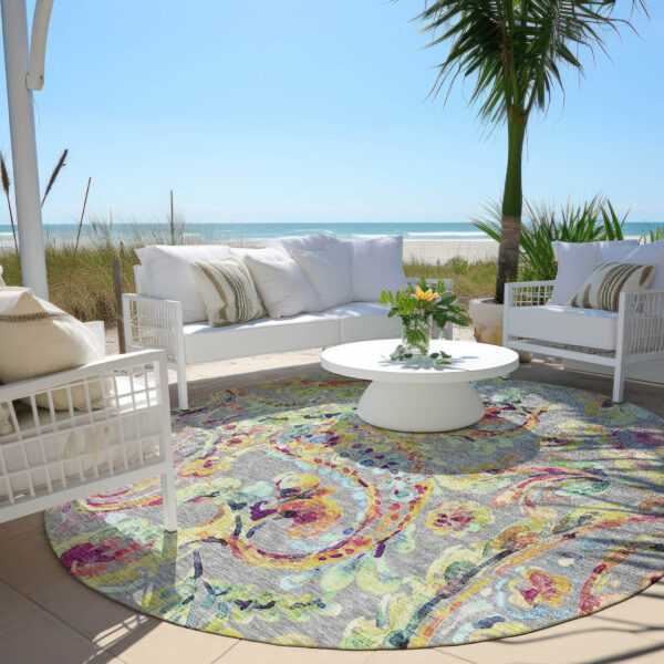 8' Gray Fern Green And Artichoke Green Round Paisley Washable Indoor Outdoor Area Rug