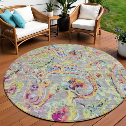 8' Gray Fern Green And Artichoke Green Round Paisley Washable Indoor Outdoor Area Rug