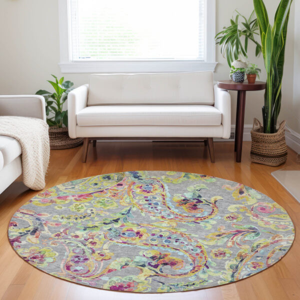 8' Gray Fern Green And Artichoke Green Round Paisley Washable Indoor Outdoor Area Rug