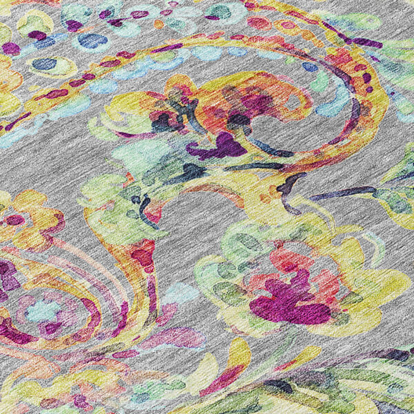 8' Gray Fern Green And Artichoke Green Round Paisley Washable Indoor Outdoor Area Rug