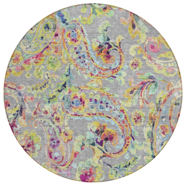 8' Gray Fern Green And Artichoke Green Round Paisley Washable Indoor Outdoor Area Rug