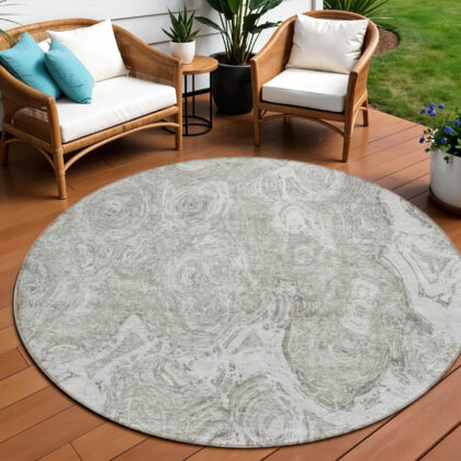 8' Ivory Taupe And Beige Round Abstract Washable Indoor Outdoor Area Rug