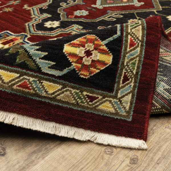 2' X 6' Red Black Beige And Blue Oriental Power Loom Stain Resistant Runner Rug With Fringe