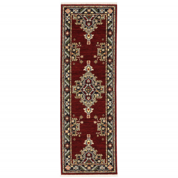 2' X 6' Red Black Beige And Blue Oriental Power Loom Stain Resistant Runner Rug With Fringe