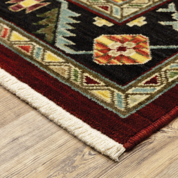 2' X 6' Red Black Beige And Blue Oriental Power Loom Stain Resistant Runner Rug With Fringe