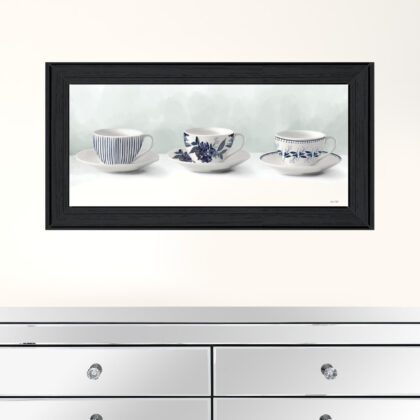 Blue and White Tea Cups And Saucers Black Framed Print Wall Art