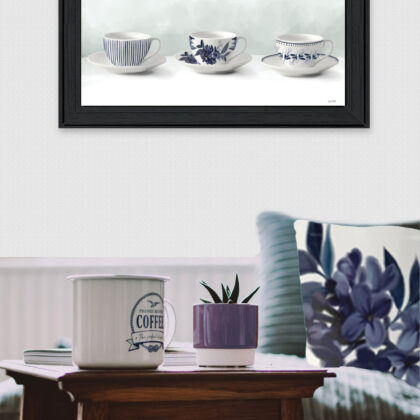 Blue and White Tea Cups And Saucers Black Framed Print Wall Art