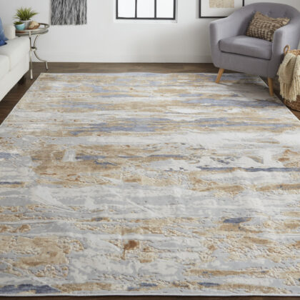 8' X 10' Tan Orange And Ivory Abstract Power Loom Distressed Area Rug