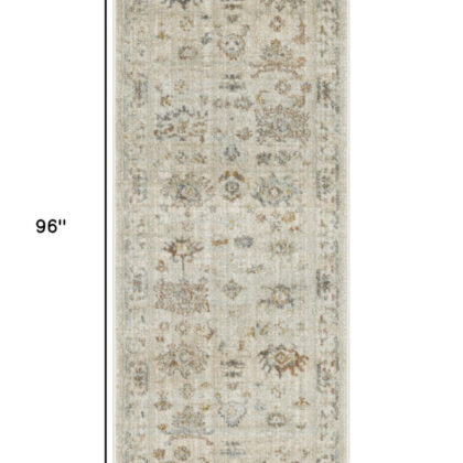 8' Beige and Brown Oriental Power Loom Distressed Runner Rug With Fringe