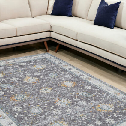 9' x 12' Gray and Ivory Floral Area Rug
