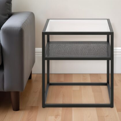 22" Black And Clear Glass And Steel Square End Table With Shelf