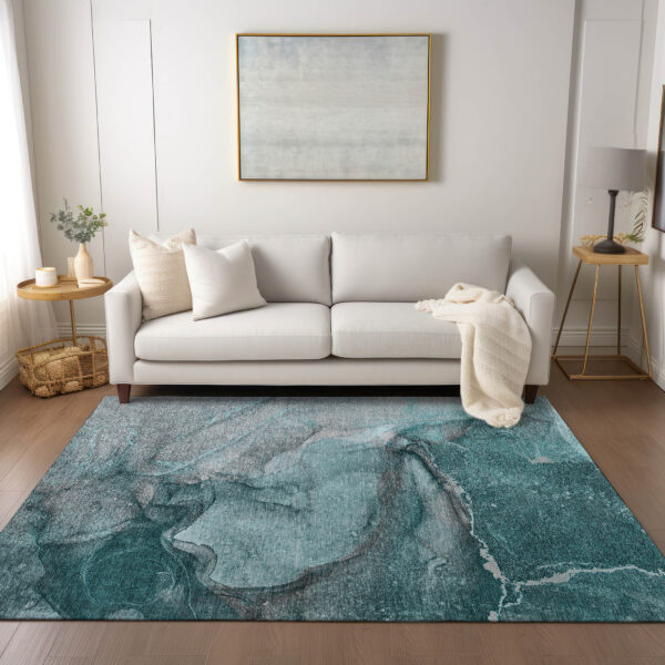 3' X 5' Teal Abstract Washable Non Skid Indoor Outdoor Area Rug