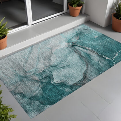 3' X 5' Teal Abstract Washable Non Skid Indoor Outdoor Area Rug