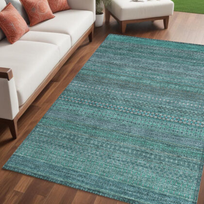 5' X 8' Turquoise Striped Washable Non Skid Indoor Outdoor Area Rug