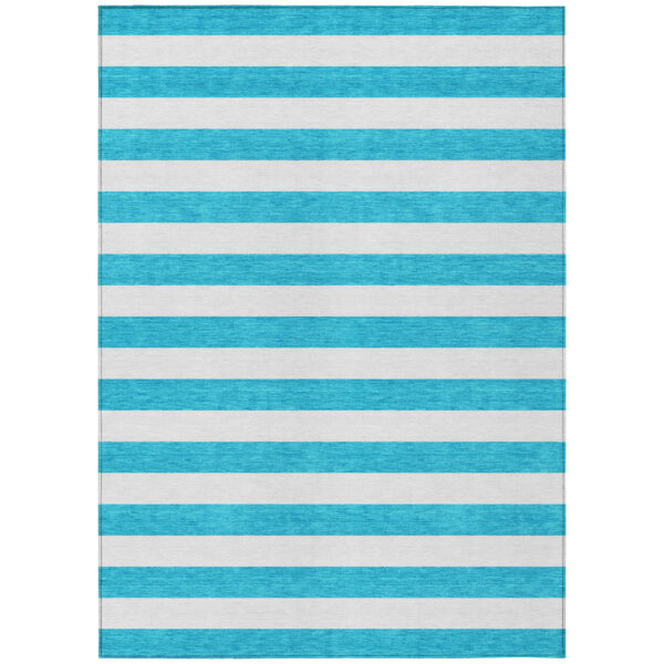 3' X 5' Teal and White Striped Washable Indoor Outdoor Area Rug
