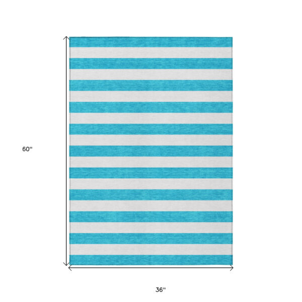 3' X 5' Teal and White Striped Washable Indoor Outdoor Area Rug